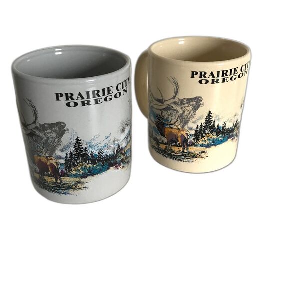 Vintage Mugs Coffee Cup Set of 2 Prairie City Oregon Elk 10 oz - Picture 1 of 5